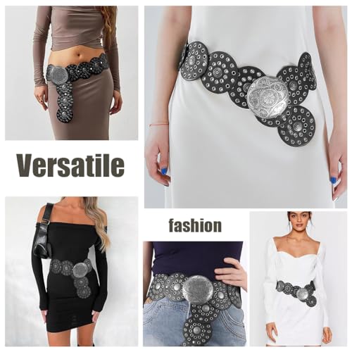 Image of SANNIDHI Women Leather Belt Dresses Stylish Vintage Boho Waist Belt Western Punk Cow Metal Buckle Belts Y2K Accessories Belt Jeans, Dresses, Skirts, Black
