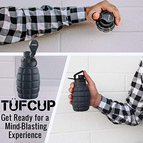 Tufcup Spittoon Bottle for Chewing Tobacco - Reusable Spit Dipping Cup with Lid - Collapsible, Spill Resistant, Leak Proof Travel Spitter - Silicone Body - Fits Most Cup Holders (Grey Grenade)