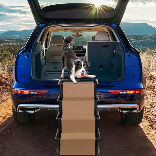 Belfoyer Faltbare Autorampe für Hunde, Treppe mit 4 Stufen für Haustiere, verwendbar für alle Fahrzeuge, belastbar bis 75 kg, wasserdicht, Polyester, Oxford-Metall (braun)