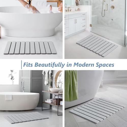 Image of AWW Foldable Stone Bath Mat, Quick Dry Diatomaceous Earth Bath Mat with Non-Slip Mat, Super Absorbent, Easy to Clean, Compact for Small Bathrooms, 23.6 x 15.5, Light Grey