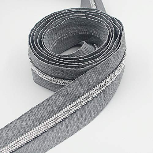 Image of Leekayer #5 Metallic Silver Nylon Coil Zippers by The Yard Bulk 10 Yards Grey Tape with 25pcs Silver Sliders for DIY Sewing Tailor Craft Bag(Grey)
