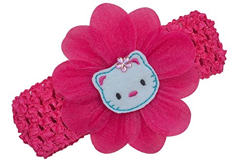 Baby Girl Crochet Headband with Felt Kitty Silk and Organza Flower Funny Girl Designs (Hot Pink)