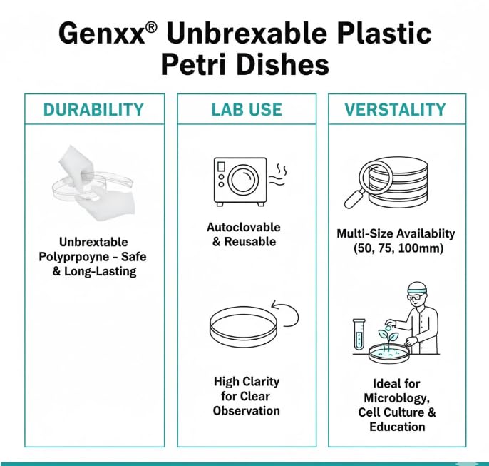 Image of Genxx Polypropylene Petri Dish 100 mm (pack of 4) Clear and Unbreakable Lab Culture Dish, Autoclavable Plastic Petri Plate for Science Experiments and Laboratory Use