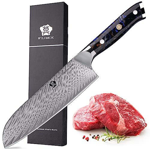 Wildmok Cuchillo De Chef De 17 Cm, Cuchillos De Cocina De Hoja De Damasco Forjado Con Núcleo De Acero Vg10 Japonés Ultra Afilado, Cuchillos De Chef Con Mango De Resina Y Acero De Damasco Wildmok Cuchillo De Chef De 17 Cm, Cuchillos De Cocina De Hoja De Damasco Forjado Con Núcleo De Acero Vg10 Japonés Ultra Afilado, Cuchillos De Chef Con Mango De Resina Y Acero De Damasco