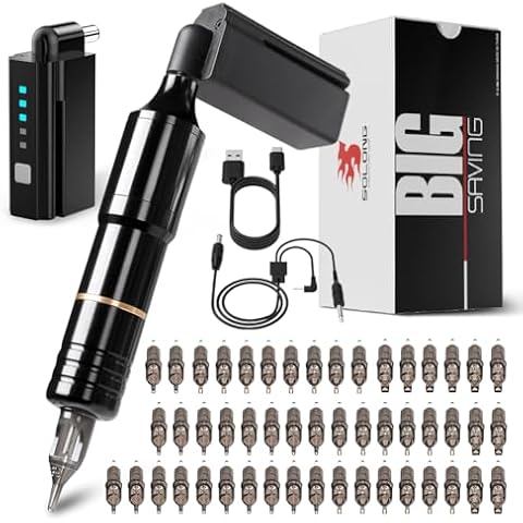 Solong Tattoo Pen Kit Rotary Tattoo Gun Machine with Wireless Tattoo Power Supply 50Pcs Cartridge Tattoo Needles EM128KITPRD50-1-US Cover