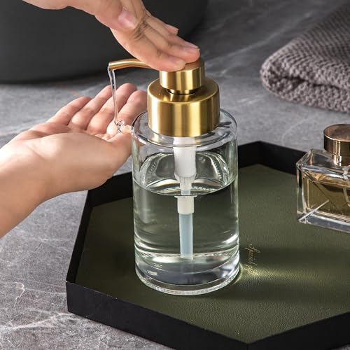 Image of Enra Glass Soap Dispenser, Clear Bottle Gold Pump Liquid Hand Soap | 12oz Clear Thick Glass Bottle With Stainless Steel Pump. Refillable Design Creates A Stylish Accent for Kitchens