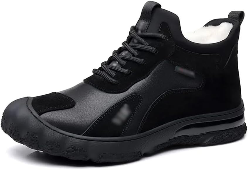 Winter Warm Leather Shoes Men's Cotton Shoes High Top Plus Fleece Sneakers Casual Woolen Leather Boots Men(42 Code)