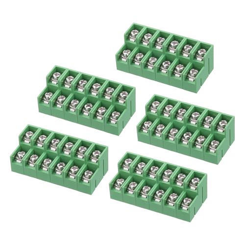 sourcing map 6 Position Terminal Blocks Double Row, 23.5mmx51.5mm 300V 15A 8.5mm Pitch PA66 PCB Mount Screw Terminals Strip for 22-12AWG Wire, Pack of 5, Green