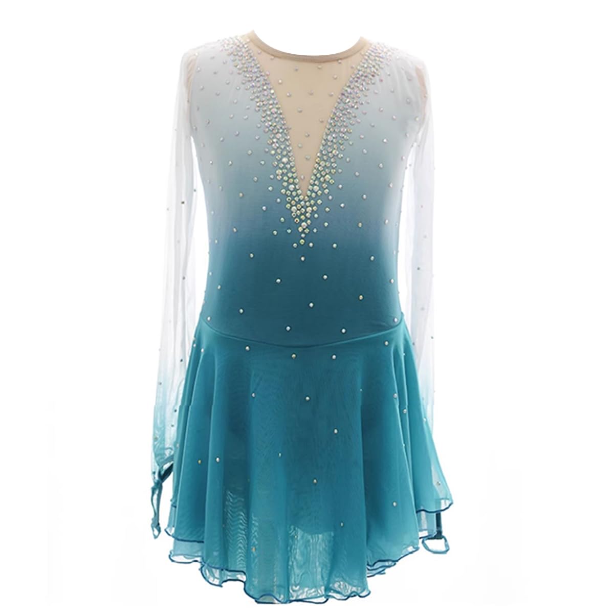 purpleq Damen Eiskunstlauf Kleid Langarm Kürkleid mit Strass Rollkunstlauf Wettbewerb Tanzanzug Gymnastikanzug Professionelle Eiskunstlauf Bekleidung Für Mädchen