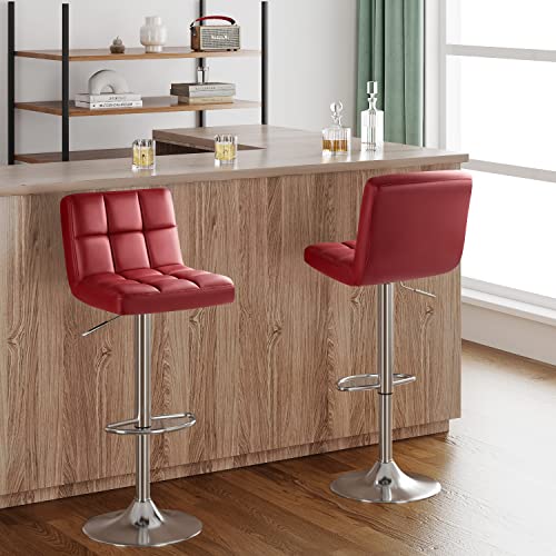 Image of Furmax Bar Stools Modern Pu Leather Swivel Adjustable Hydraulic Bar Stool Square Counter Height Stool Set of 2 (Wine Red)