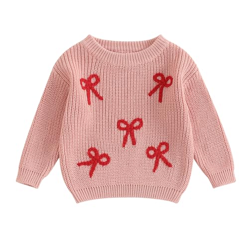 Newborn Baby Girl Sweater Long Sleeve Crew Neck Bow Embroidery Knitted Pullover Toddler Infant Girl Fall Sweatshirt (Pink, 2-3 Years)