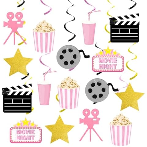 K KUMEED Movie Night Party Decorations,Pink Movie Theme Hanging Swirl Decorations,Cute Popcorn Foil Swirls Ceiling for Baby Shower Birthday Party Film Party Supplies Family Party Girls Boys Cover