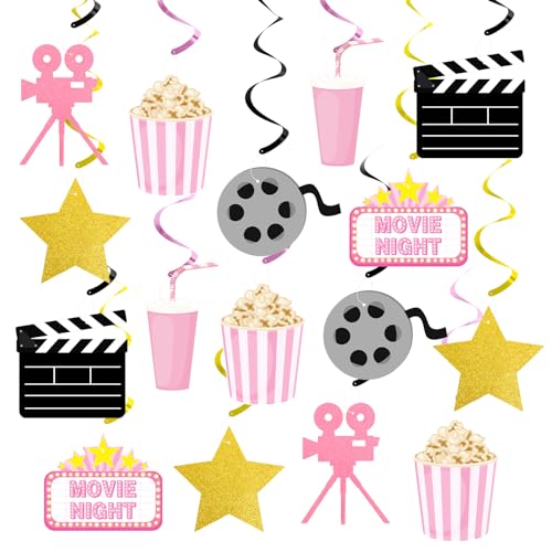 K KUMEED Movie Night Party Decorations,Pink Movie Theme Hanging Swirl Decorations,Cute Popcorn Foil Swirls Ceiling for Baby Shower Birthday Party Film Party Supplies Family Party Girls Boys