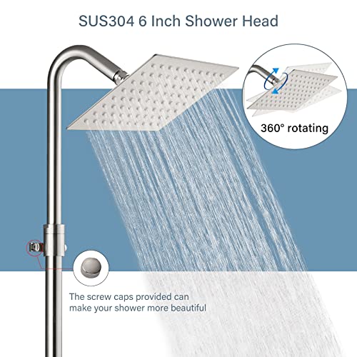 Aolemi Wall Mount Brushed Nickel Outdoor Shower Kit 6 Inch Square Rainfall Shower Head With Handheld Sprayer 2 Cross Handles With Adjustable Slide Bar Exterior Dual Function Shower Combo #TOP2