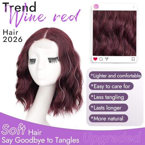 Image of Eawwii Wigs for Women Wine Red,Short Wavy Synthetic Lace Wig | Glueless 4x1 Lace Hairline, Heat-Resistant Fiber,Bob Wave Style,Natural Appearance for Everyday Cosplay 14 Inch