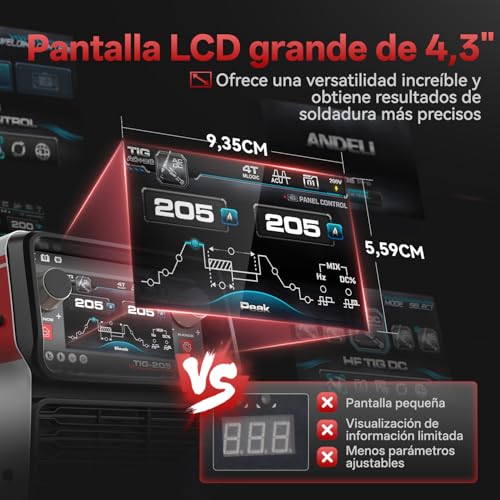 Miniatura 2 de Andeli 10 En 1 Soldador Tig De Aluminio Ac Dc, Pedal De Pie, 205a, Lcd, Ondas De Pulso Cuadrada Seno Trapesoidal, Soldadura Fría Punto, 230v