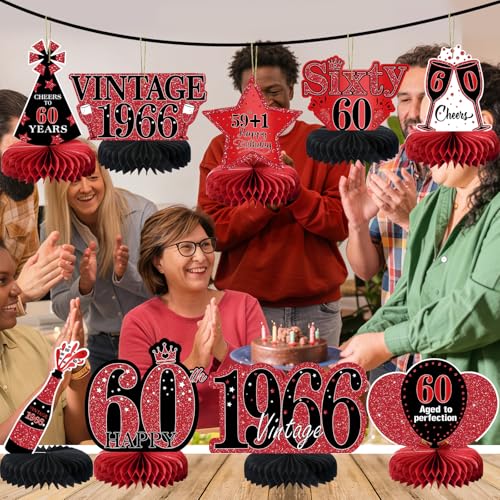 Image of 9Pcs 60th Birthday Decorations Red and Black 60th Birthday Party Decorations for Women,Happy 60 Years Vintage 1966 Aged Honeycomb Centerpieces Table Sign Decor Supplies