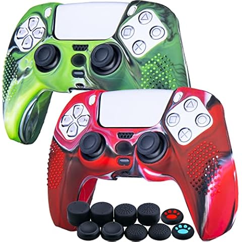 YoRHa Studded Silicone Rubber Gel Customizing Skin Cover for PS5 Dualsense Controller x 2(Camouflage Red+Green) with Pro Thumb Grips x 10 Cover