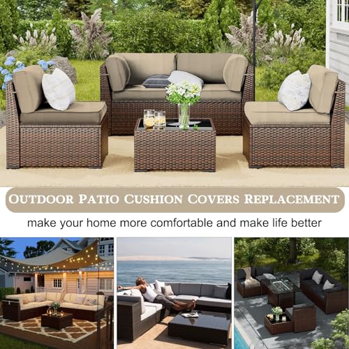 Outdoor Patio Cushion Covers Replacement, Waterproof Furniture Cushion Slipcovers with Zipper, Fit for Wicker Rattan Sectional Couch Chair Furniture Set (14, Khaki) - Thumbnail 7
