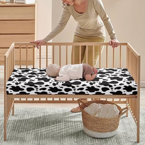 Image of Cow Print Crib Sheet for Baby Boys Girls Soft Comfy Mattress Cover 28 inchx52 inch Standard Bedding Sets Soft Toddler Mattress Covers, Newborn Infant Crib Sheets
