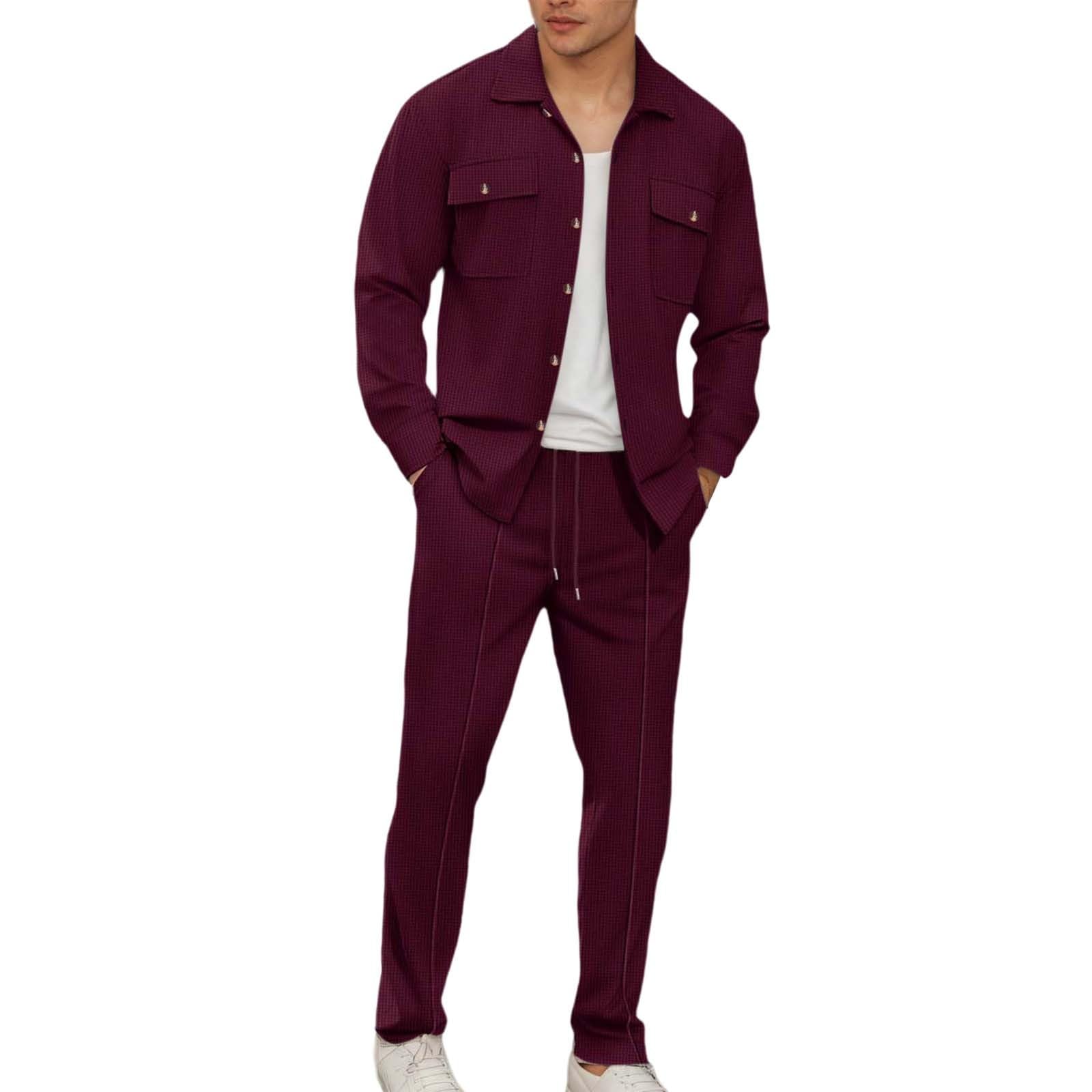 Conjunto genérico Camisa Manga Larga Pantalones de Punto Hombre Traje Casual Trabajo Dos Bolsillos Color Sólido Cómodo Elegante
