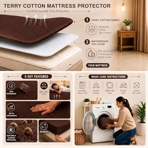 Image of Cotton Feel Terry 72x72 inch Ultra Soft Waterproof Mattress Protector Double Bed Size | Breathable Hypoallergenic Mattresses Cover for Double Bed Size (Coffee)
