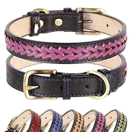 Didog Braided Leather Dog Collar For Small Medium Dogs, Stylish Soft Dog Collar Adjustable With D-Ring For Boys And Girls Dog Pet Puppy, Purple, M #TOP1