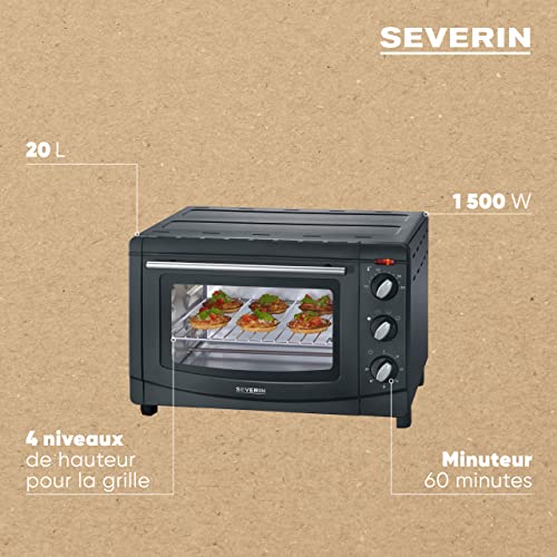 SEVERIN Mini-Four 20 L avec grille et plaque de cuisson incluses, Four posable 1 500 W design simple et élégant, Mini-four électrique avec minuteur 60 min, Noir, TO 2067