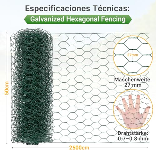 Daromigo Sechseckgeflecht Maschendrahtzaun - Verzinkt Kaninchendraht, Drahtzaun, Hasendraht - Sechseck Drahtgitter Maschenweite 27 mm, Höhe 50 cm, Länge 25 m - Grün