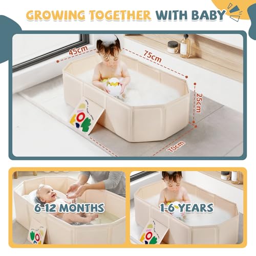 Orzbow Collapsible Baby Bathtub, Toddler Bathtub with Non-Slip Base, Portable Bath Tub for Kids Infant 12 Months+ Travel, Easy to Clean, Stable & Durable, Space-Saving, White - Thumbnail 2