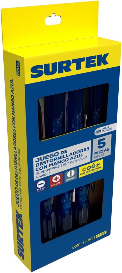 Surtek D01PC Blue Handle Screwdriver Set Combination with Box, 5 Pieces