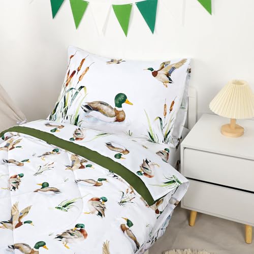 Image of Mallard Duck Toddler Bedding Set for Boys, 4 Pieces Soft Microfiber Green Toddler Comforter Set for 28 inch x 52 inch Toddler Mattress & Crib, Includes Comforter, Flat Sheet, Fitted Sheet, Pillowcase