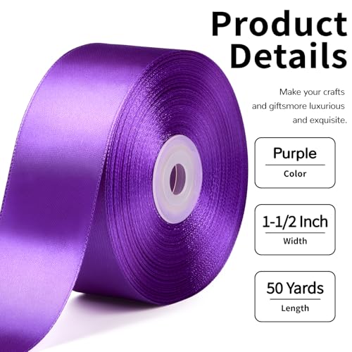 Image of Mauproy 1-1 /2 Inch Wide Purple Satin Ribbon, 50 Yards Solid Polyester Fabric Ribbon for Roses Making, Gift Wrapping, Flower Bouquets, Wedding Decorations, Handmade Crafts
