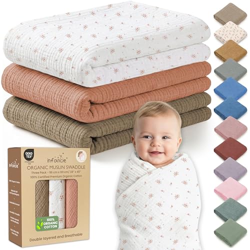 Image of Organic Muslin Baby Blanket 3-Pack Olive, Cinnamon & Wildflower, 38x40 Inch 100% Organic Cotton Oeko-TEX Certified Ultra-Soft Swaddle Blankets for Newborn, Baby Girl Shower Gift Set
