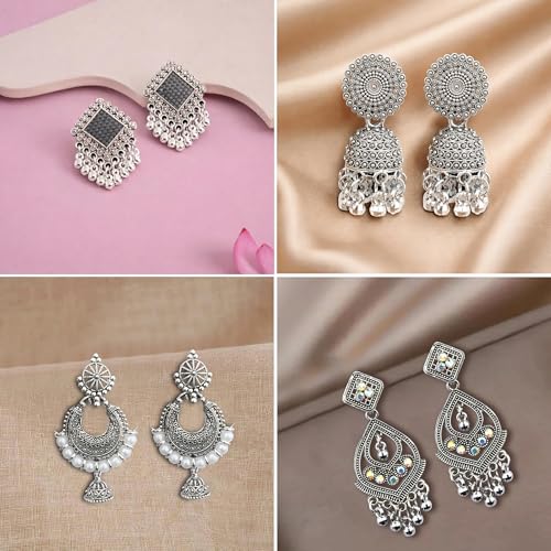 Image of Ishq E Jhumka Oxidized Metal Designer Earring Set of 12 with Folding Jewelry Box | Minimalist & Traditional Jhumka Set for Womens & Girls