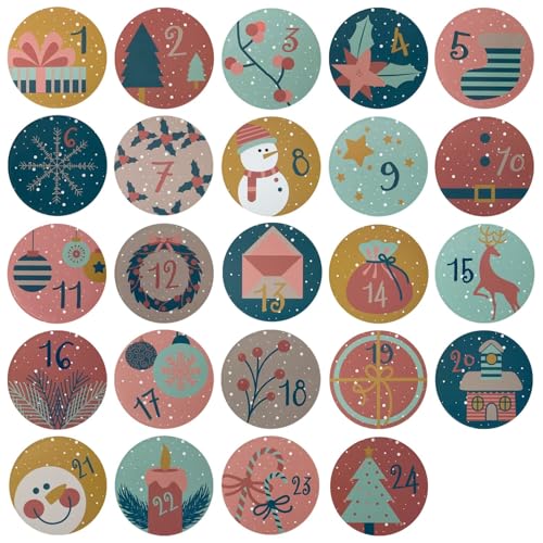 Oblique Unique® Adventskalender Sticker Zahlen 1–24 – Weihnachtsaufkleber rund 5 cm – Aufkleber für Weihnachten zum Basteln, Verzieren & Dekorieren – für DIY Adventskalender - Retro Bunt