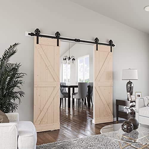 Image of SmartStandard 24in x 84in Sliding Barn Wood Door Pre-Drilled Ready to Assemble, DIY Unfinished Solid Spruce Wood Panelled Slab, Interior Single Door, Natural, Frameless K-Shape (Fit 4FT Rail)