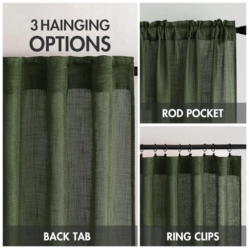 MIULEE Olive Green Linen Curtains 100 Inch Length 2 Panels for Bedroom Living Room, Soft Thick Linen Textured Window Drapes Semi Sheer Light Filtering Back Tab Rod Pocket Burlap Look Decor