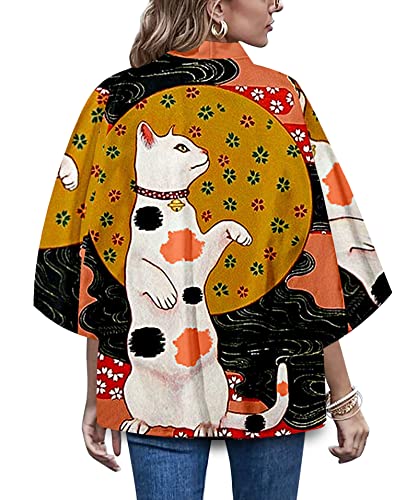 Image of LAI MENG FIVE CATS Women's Funny Cute Cat Cardigan Lightweight Kimono Loose Cover up Blouse Tops