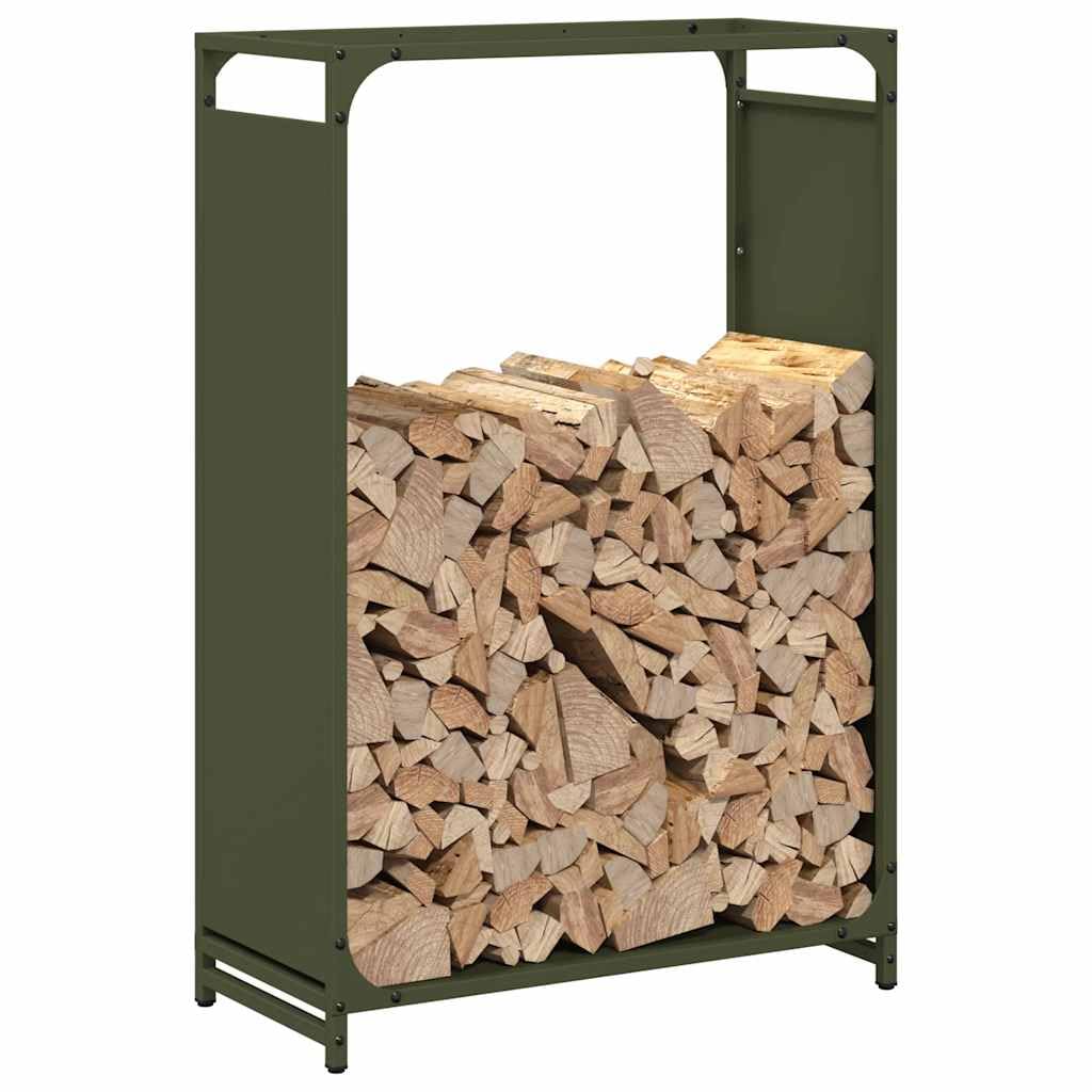 Estantería para leña verde oliva de acero laminado en frío, 60 x 28 x 90 cm, soporte para leña para interior, salón, terraza, robusta estantería para leña con gran capacidad