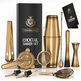 Vinobravo 11-Piece Boston Cocktail Drink Shaker Set Made From 304 Stainless Steel Bar Tools Bartender Kit with Recipe of 30 Classic Mixing Drink (Antique Brass)
