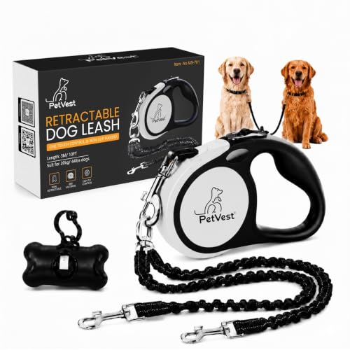 PetVest Dual Retractable Dog Leash,10 FT Tangle-Free Leash for 2 Dogs, Detachable for Single Use,One-Button Brake & Lock, Up to 44 lbs Each, 360° Swivel, Non-Slip Handle + Poop Bag Holder (Grey)