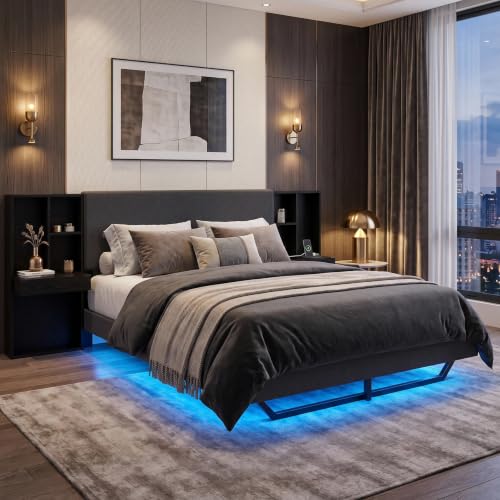 Image of LIKIMIO Floating Queen Bed Frame with Bookcase Headboard, Black /Dark Gray