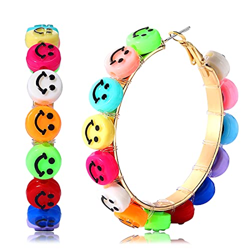 Smiley Face Hoop Earrings, Statement Flower Hoop Earring Rainbow Polymer Clay Beads Hoop Earrings Boho Y2K Summer Beach Fashion Jewelry For Woman Gold-tone