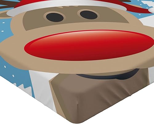 Miniatura 4 de Ambesonne Sábana bajera de Navidad, nariz roja de reno y sombrero de Papá Noel, bosque nevado, funda de cama con bolsillo profundo elástico para