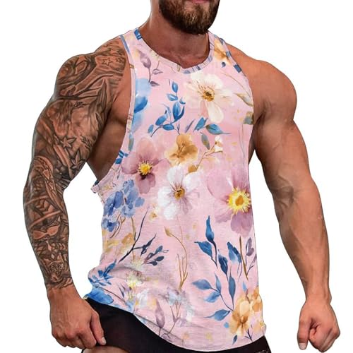 Camiseta sin mangas con estampado floral de acuarela para hombre, camiseta sin mangas, para playa, gimnasio, Estilo:, 5XL