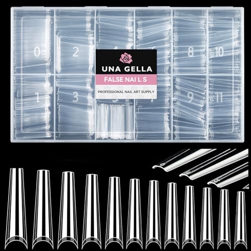 Image of UNA GELLA Extra Long Coffin Nail Tips No C Curve 504PCS XXL Coffin Nails Half Cover Long Coffins Gel Nails Tips Clear Fake False Nails Long Gel Extensions for Nail Art Salon Home DIY No Need File