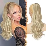 BARSDAR ライトアッシュブロンド ハイライト ウェービー ドローストリング ポニーテール エクステンション – 20 インチ ドローストリング コーム クリップ ポニーテール エクステンション 女性用 - 合成カーリー ウェーブ ブロンド ポニーテール ヘアピース