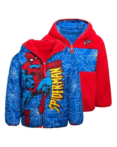 Image of Marvel Spider-Man Boys Puffer Jacket Reversible Sherpa Fleece Lining Coat