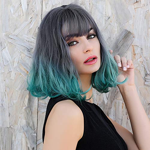 Altaba Ombre Grey to Green Short Bob Wig with Bangs Natural Looking Bob Wigs for Women 12" Straight Silky Hair Synthetic Heat Resistant Wigs For Daily Party Cosplay Hair Wig
